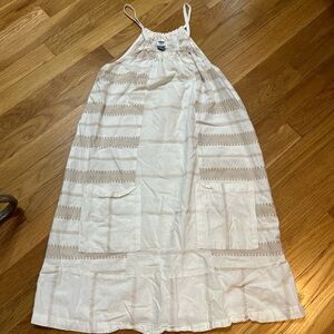 White and Tan Striped Midi Dress